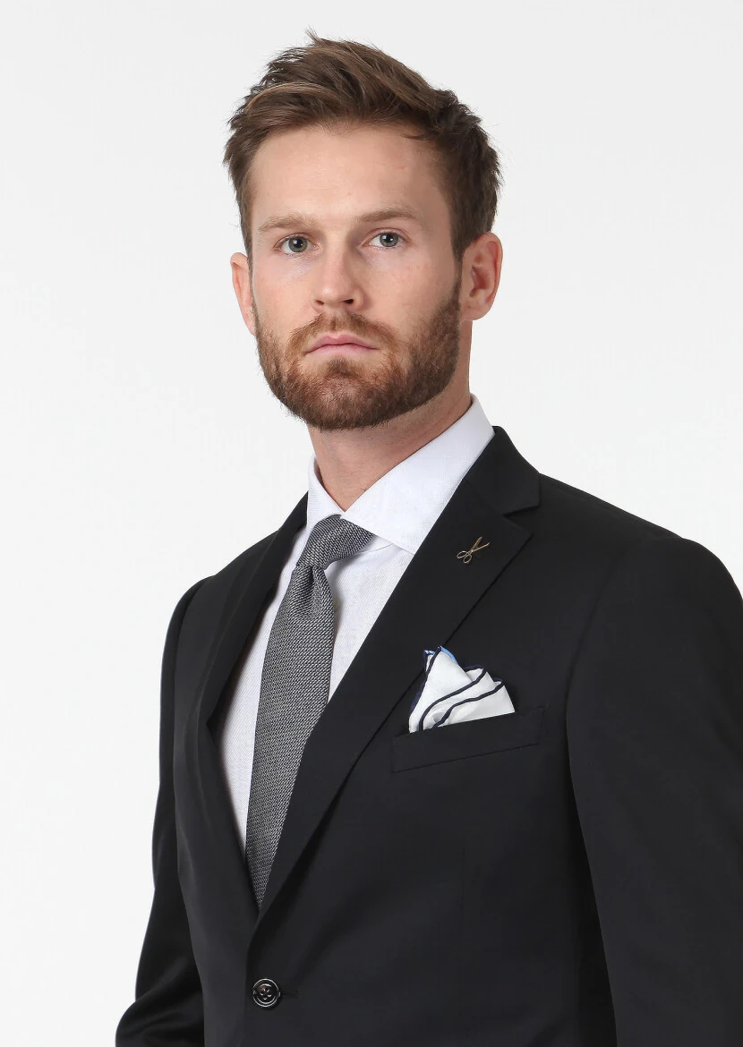 Black Plain Regular Fit 100% Wool Suit - 3