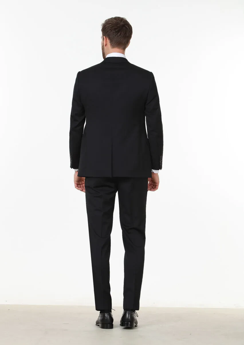 Black Plain Regular Fit 100% Wool Suit - 4