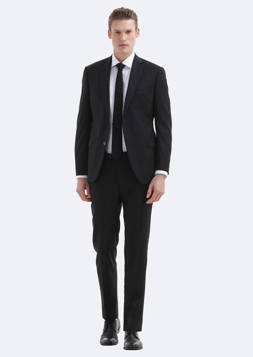 Black Plain Regular Fit 100% Wool Suit - RAMSEY