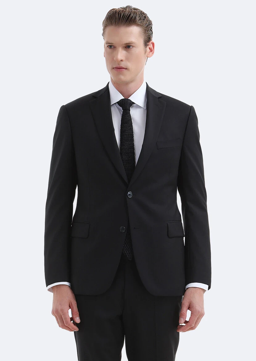 Black Plain Regular Fit 100% Wool Suit - RAMSEY