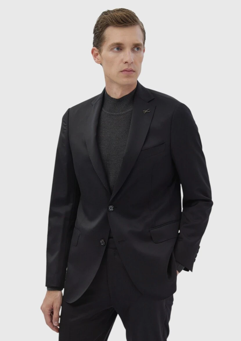 Black Plain Regular Fit 100% Wool Suit - RAMSEY