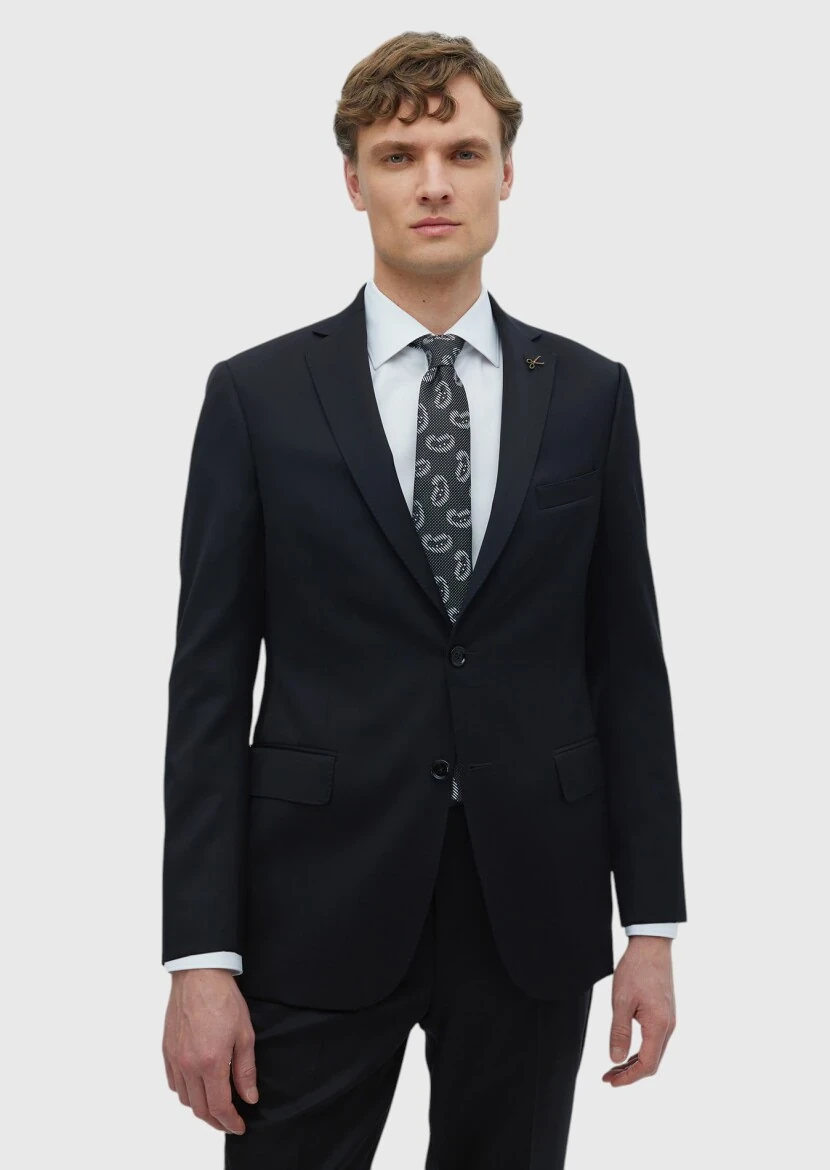 Black Plain Regular Fit 100% Wool Suit - 1
