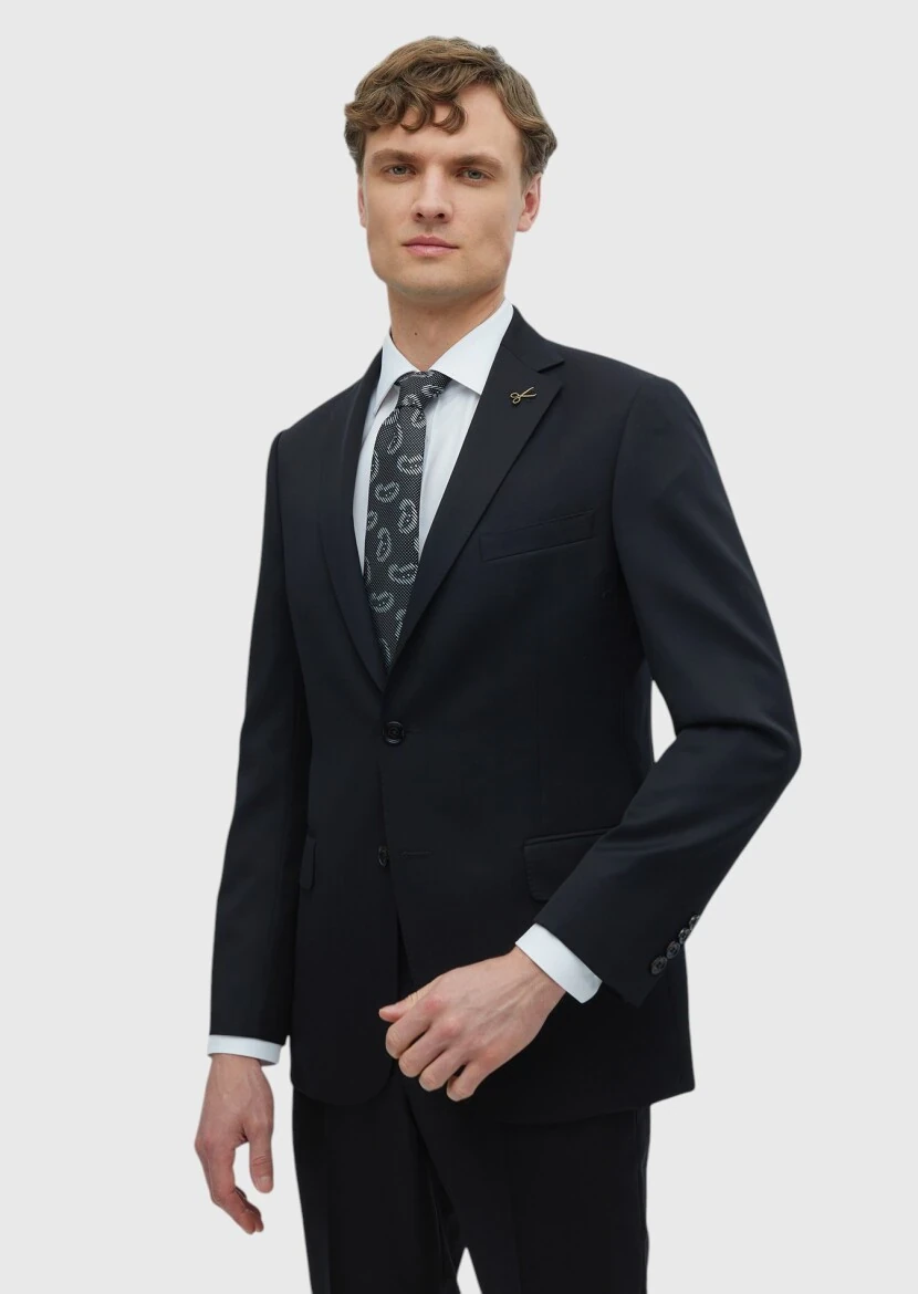 Black Plain Regular Fit 100% Wool Suit - 3