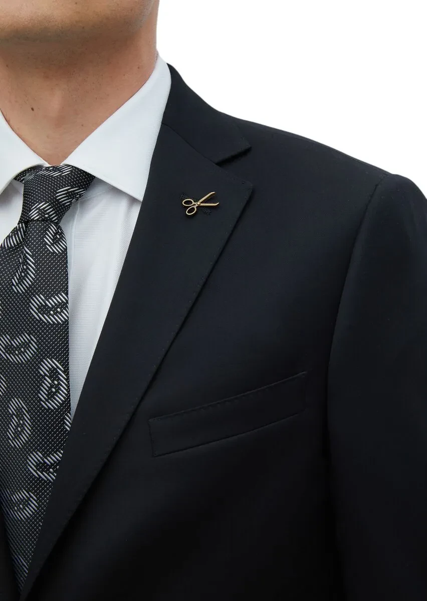 Black Plain Regular Fit 100% Wool Suit - 5