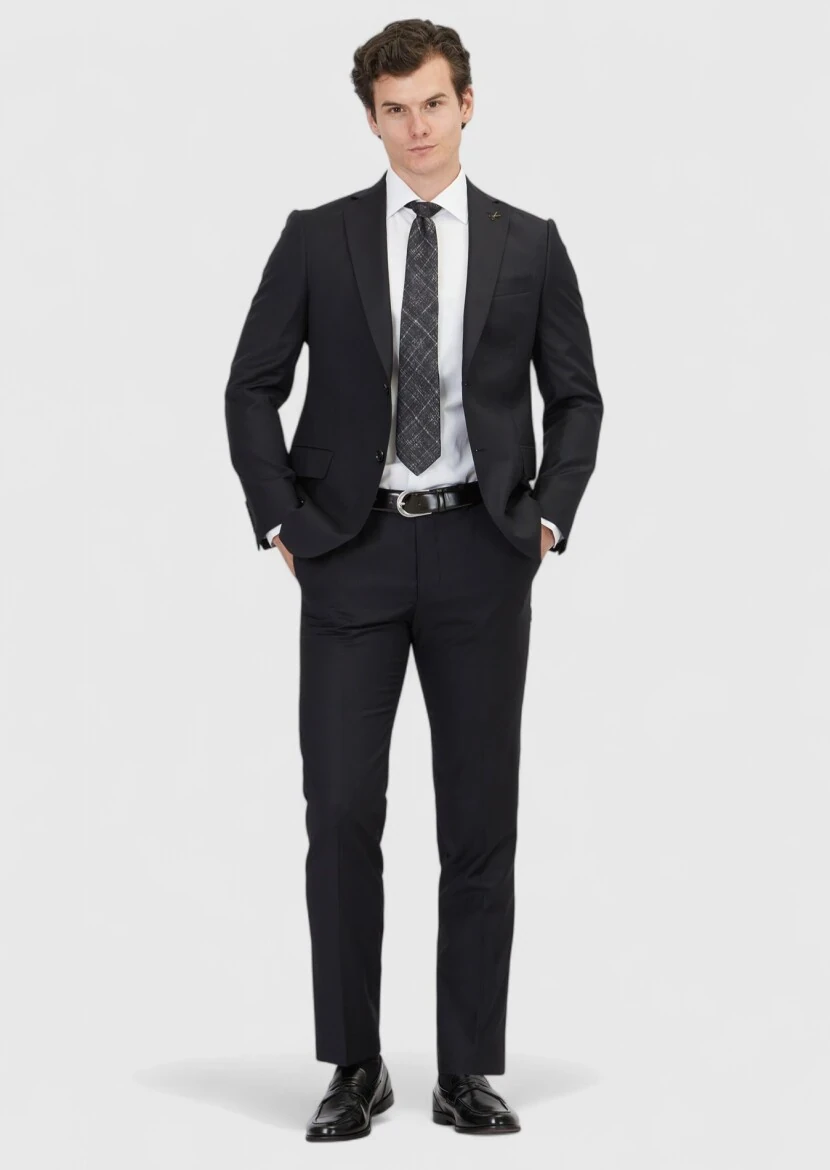 Black Plain Regular Fit 100% Wool Suit - RAMSEY