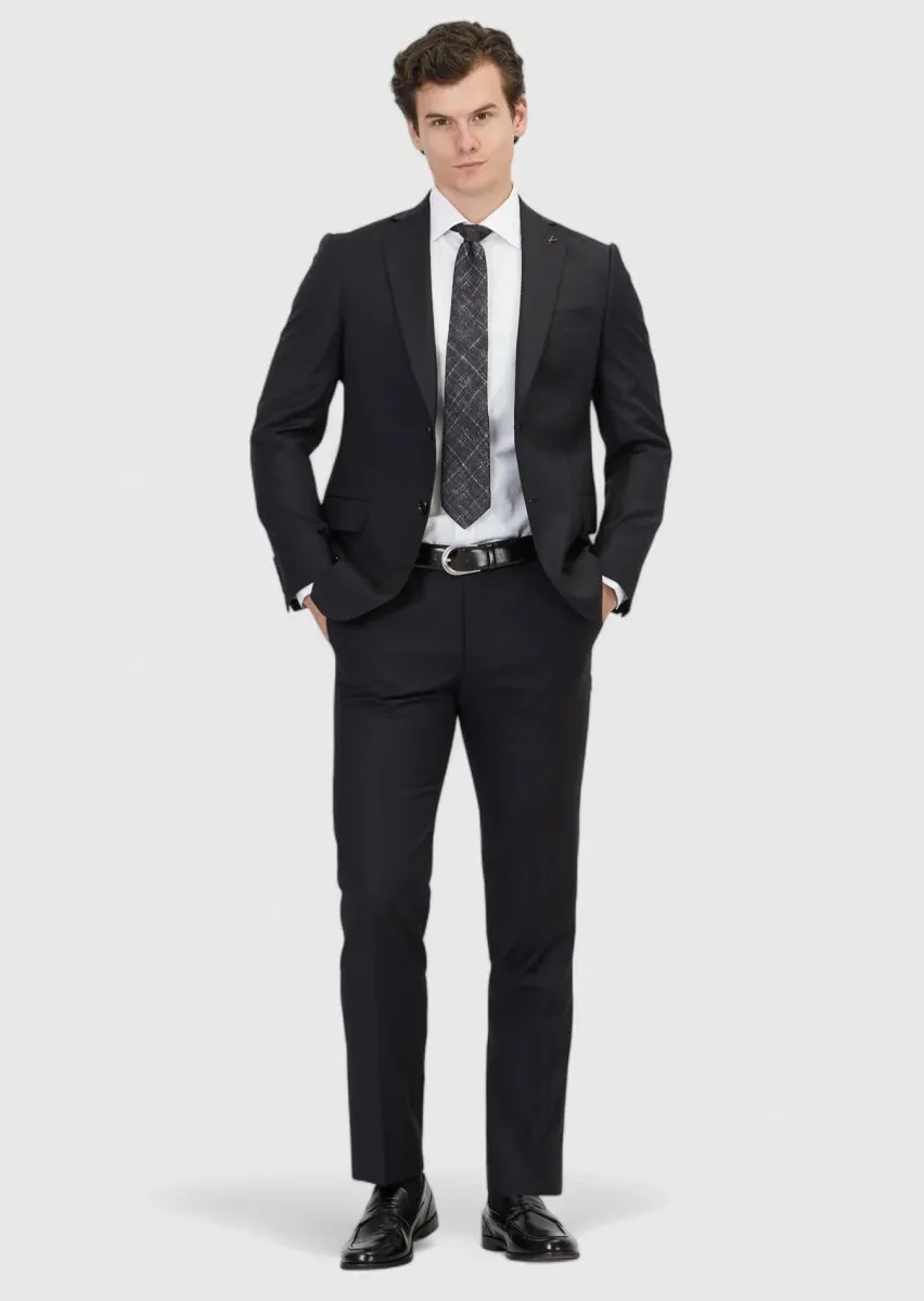 Black Plain Regular Fit 100% Wool Suit - 2