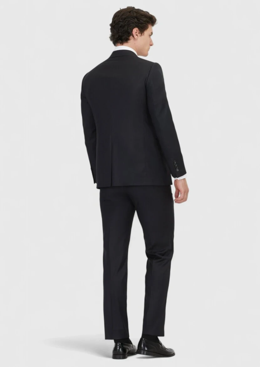 Black Plain Regular Fit 100% Wool Suit - 5
