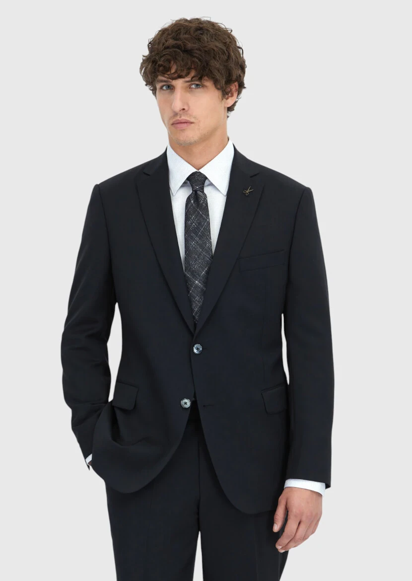 Black Plain Regular Fit 100% Wool Suit - 1