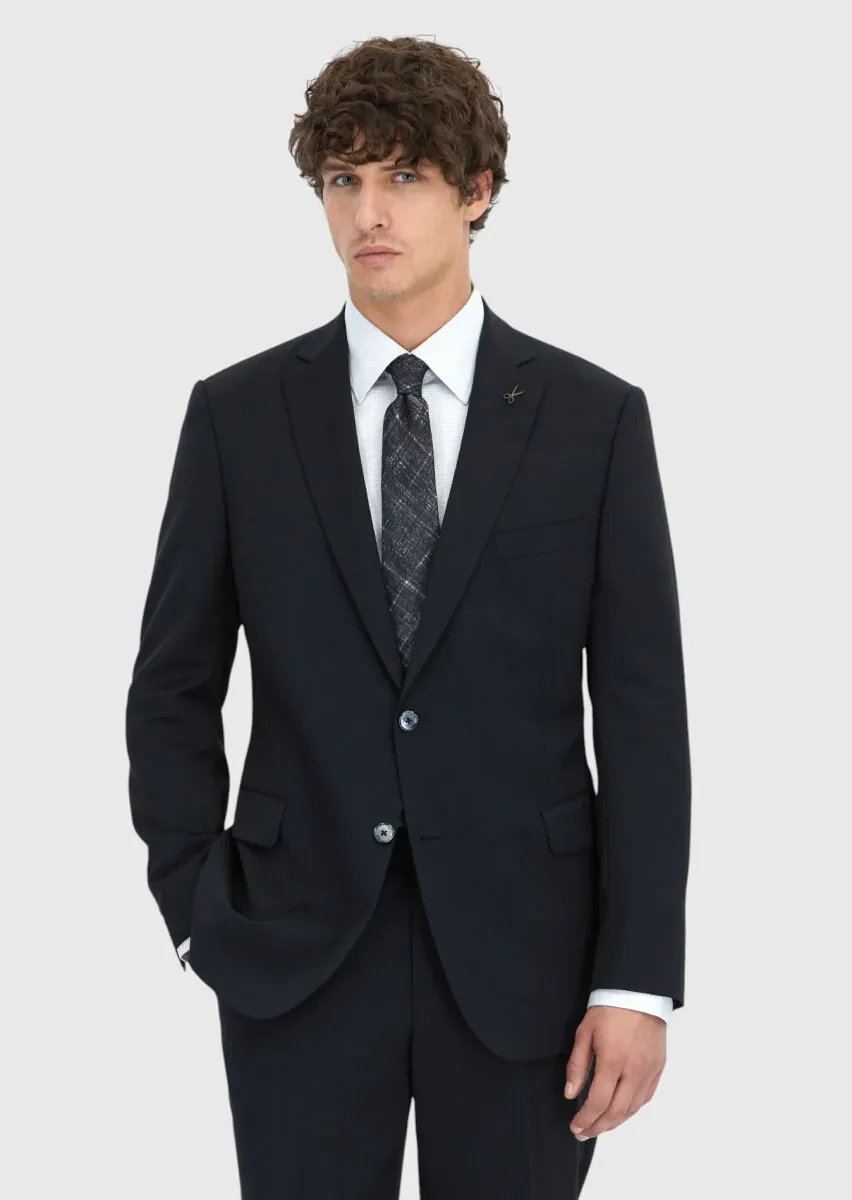 Black Plain Regular Fit 100% Wool Suit - 1