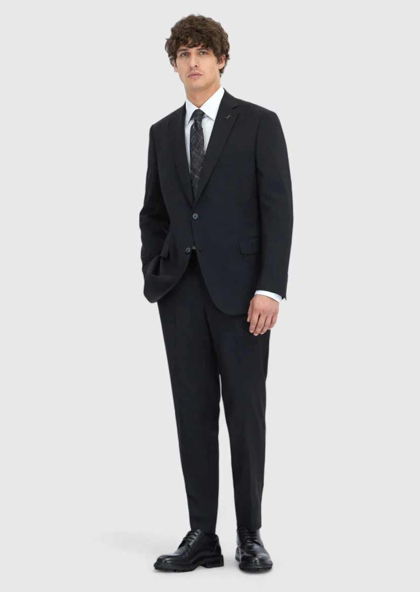 Black Plain Regular Fit 100% Wool Suit - 2