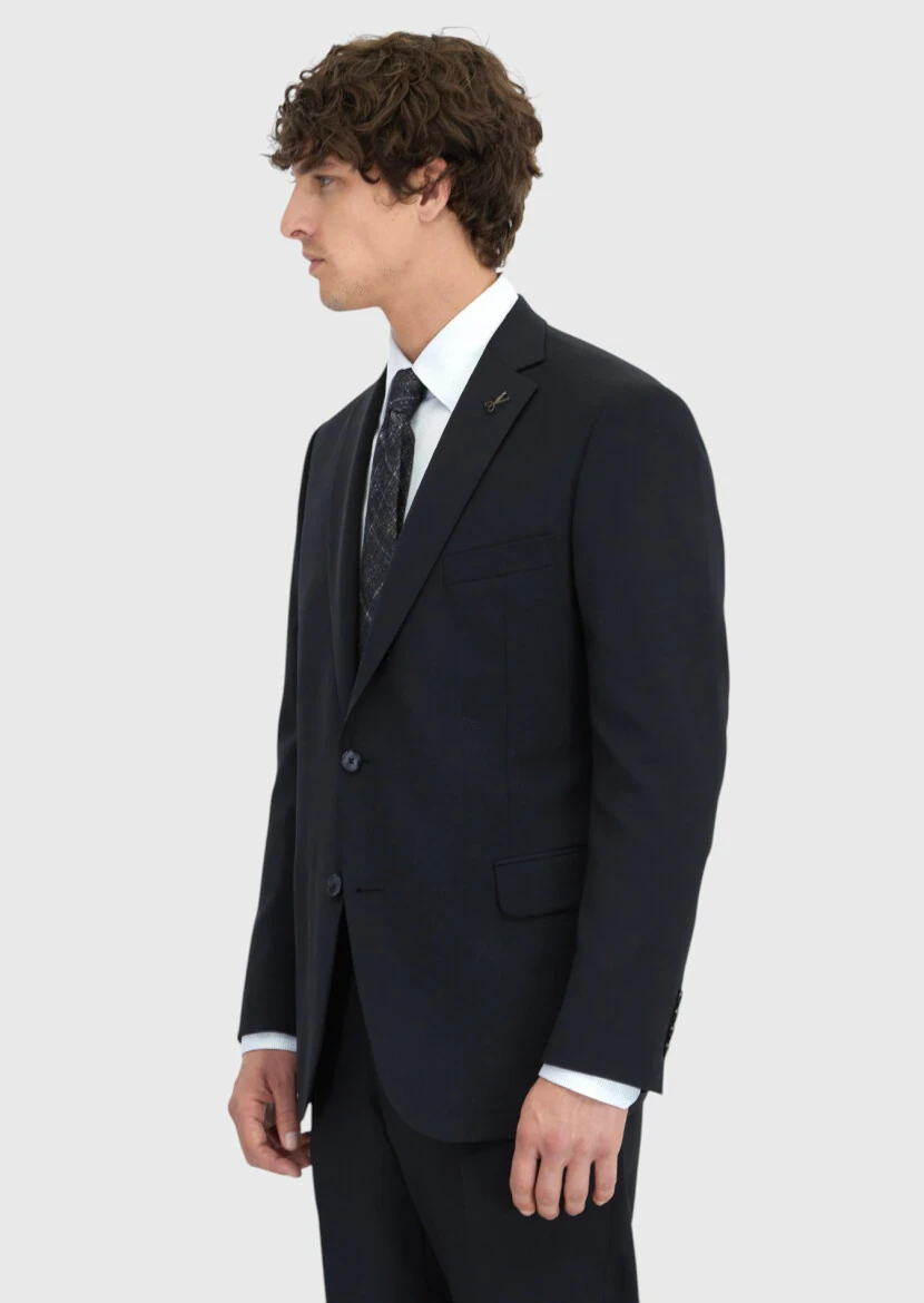 Black Plain Regular Fit 100% Wool Suit - 3