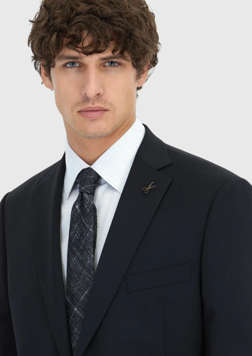 Black Plain Regular Fit 100% Wool Suit - 4