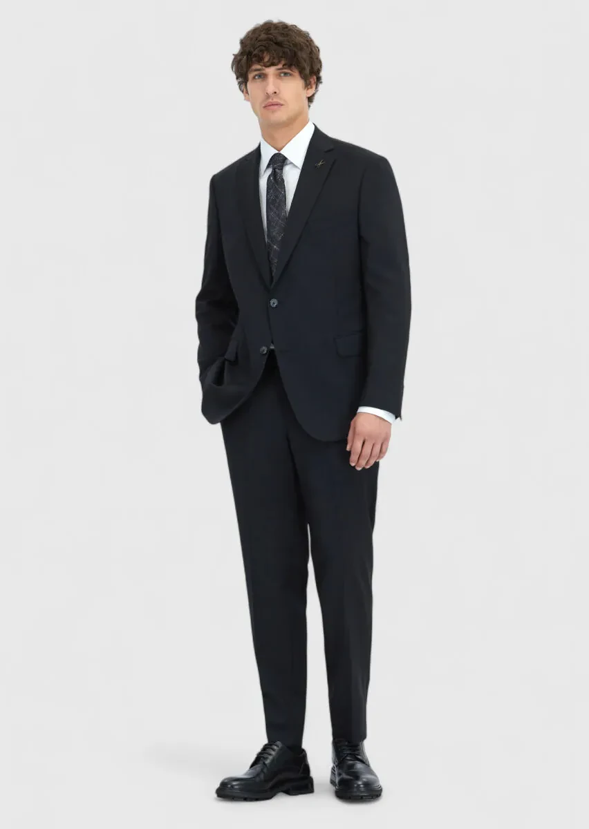 Black Plain Regular Fit 100% Wool Suit - 2