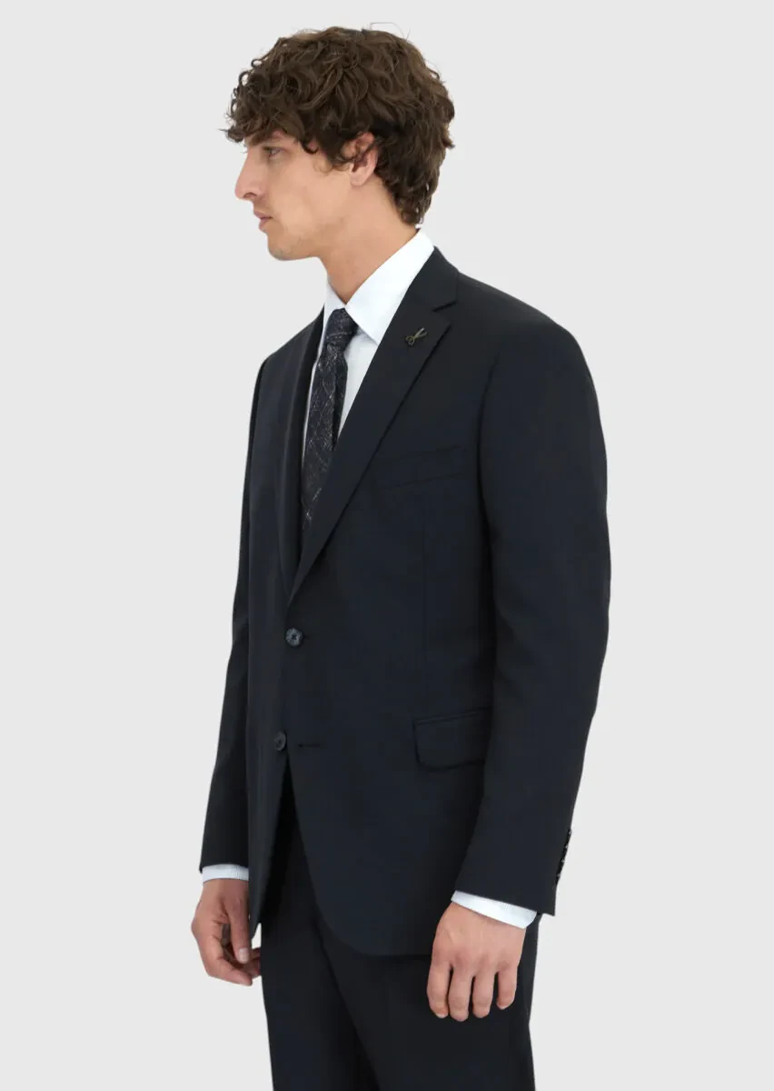Black Plain Regular Fit 100% Wool Suit - 3