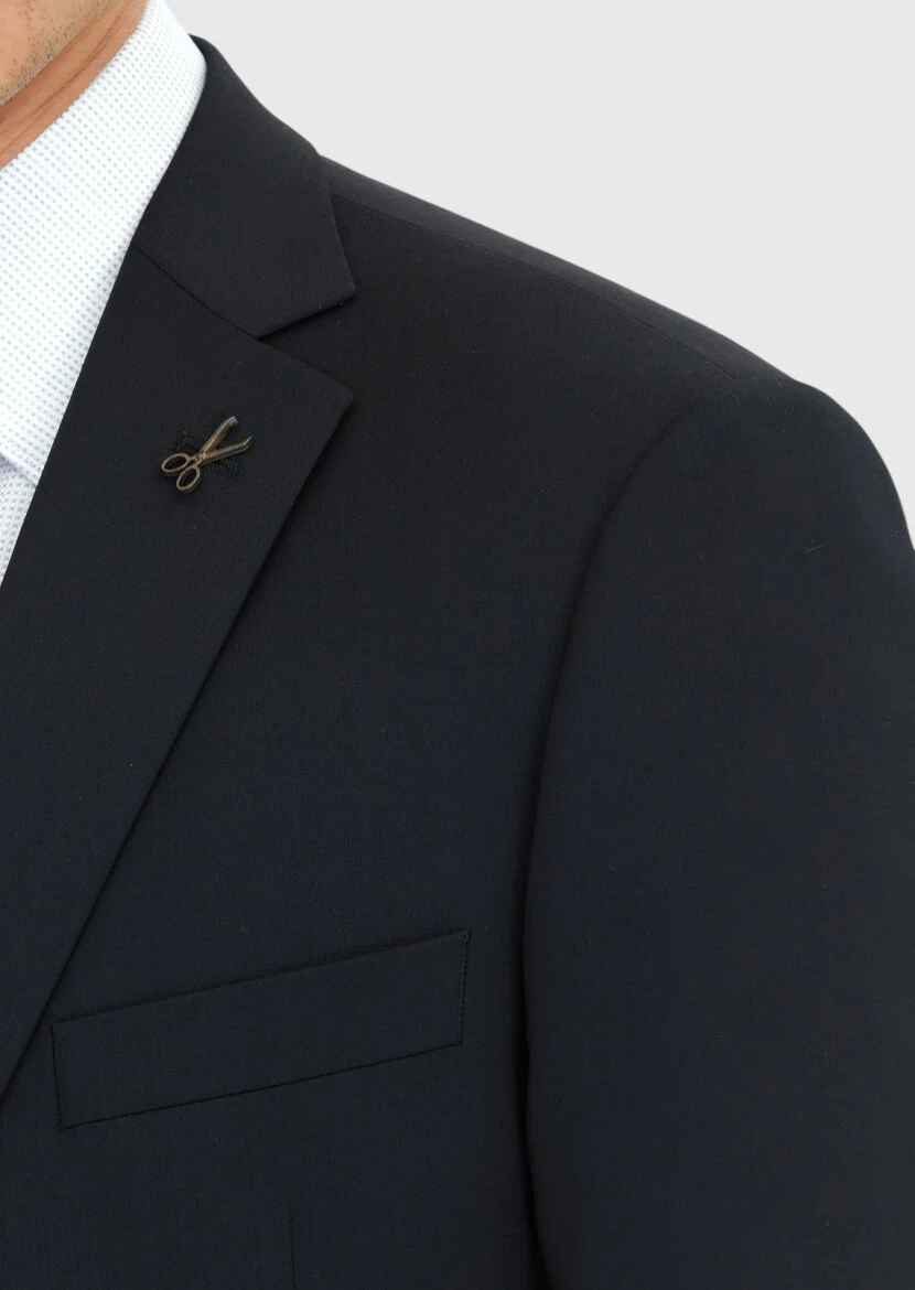 Black Plain Regular Fit 100% Wool Suit - 5