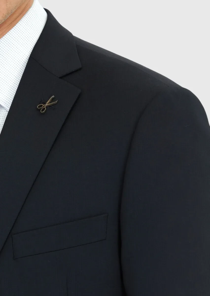 Black Plain Regular Fit 100% Wool Suit - 5