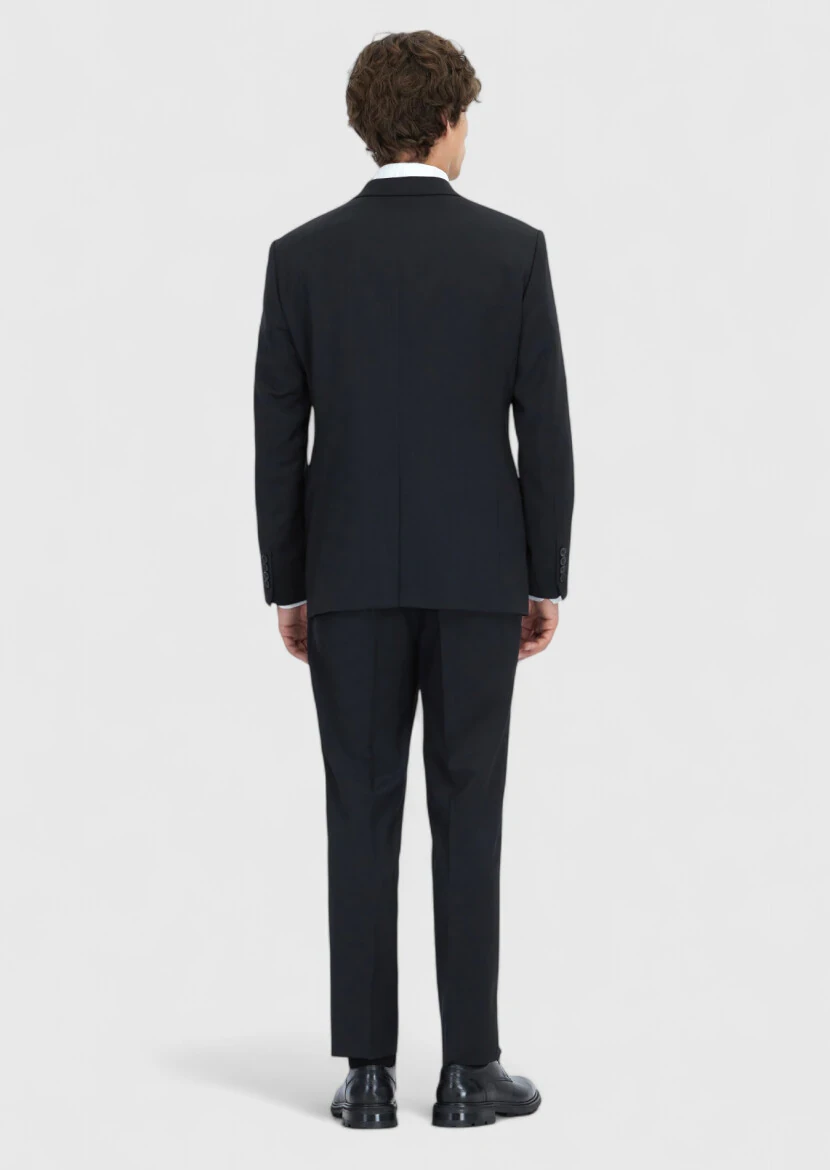 Black Plain Regular Fit 100% Wool Suit - 7