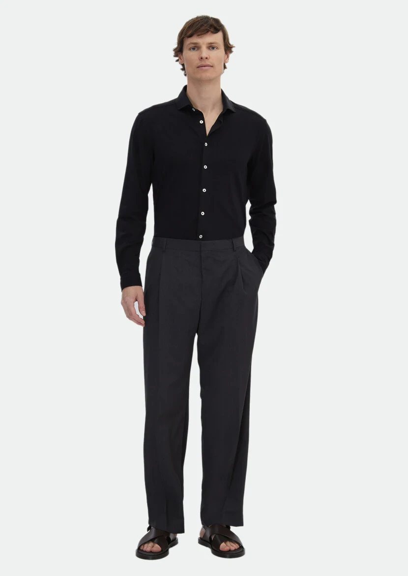 Black Plain Regular Fit Knitting Casual Cotton Blended Shirt 