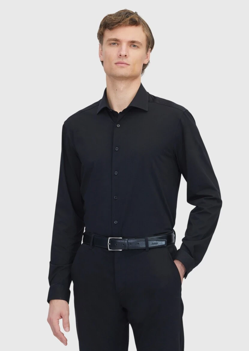Black Plain Regular Fit Knitting Casual Cotton Blended Shirt - RAMSEY