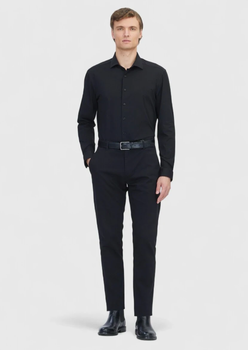 Black Plain Regular Fit Knitting Casual Cotton Blended Shirt - RAMSEY