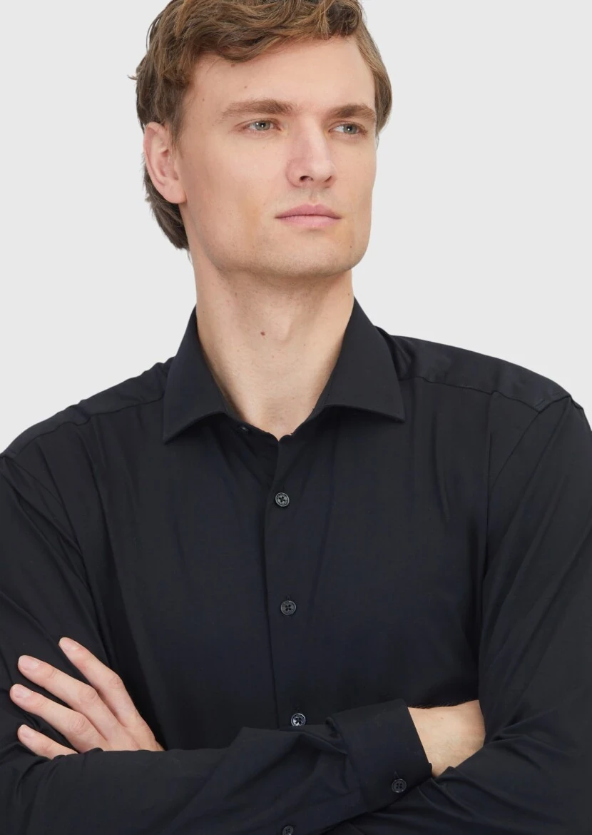 Black Plain Regular Fit Knitting Casual Cotton Blended Shirt - 3