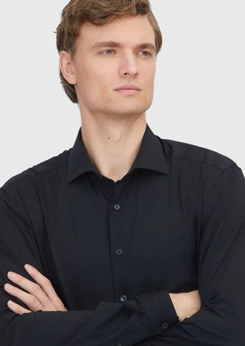 Black Plain Regular Fit Knitting Casual Cotton Blended Shirt - 3