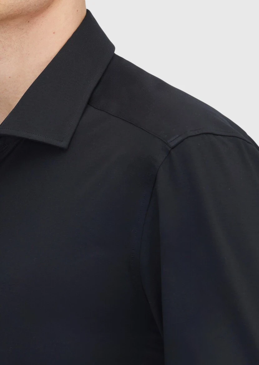 Black Plain Regular Fit Knitting Casual Cotton Blended Shirt - 5