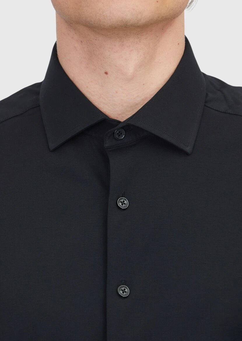 Black Plain Regular Fit Knitting Casual Cotton Blended Shirt - 6