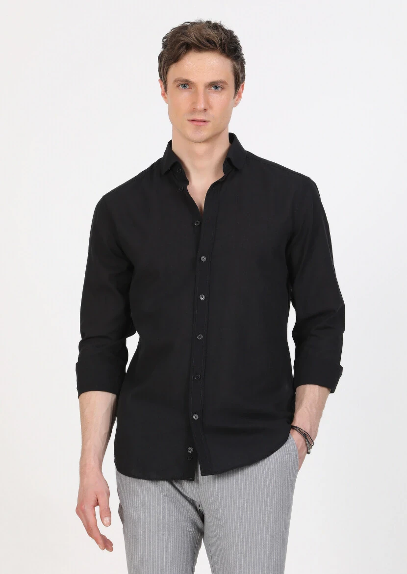 Black Plain Regular Fit Weaving Casual 100% Cotton Shirt - 1