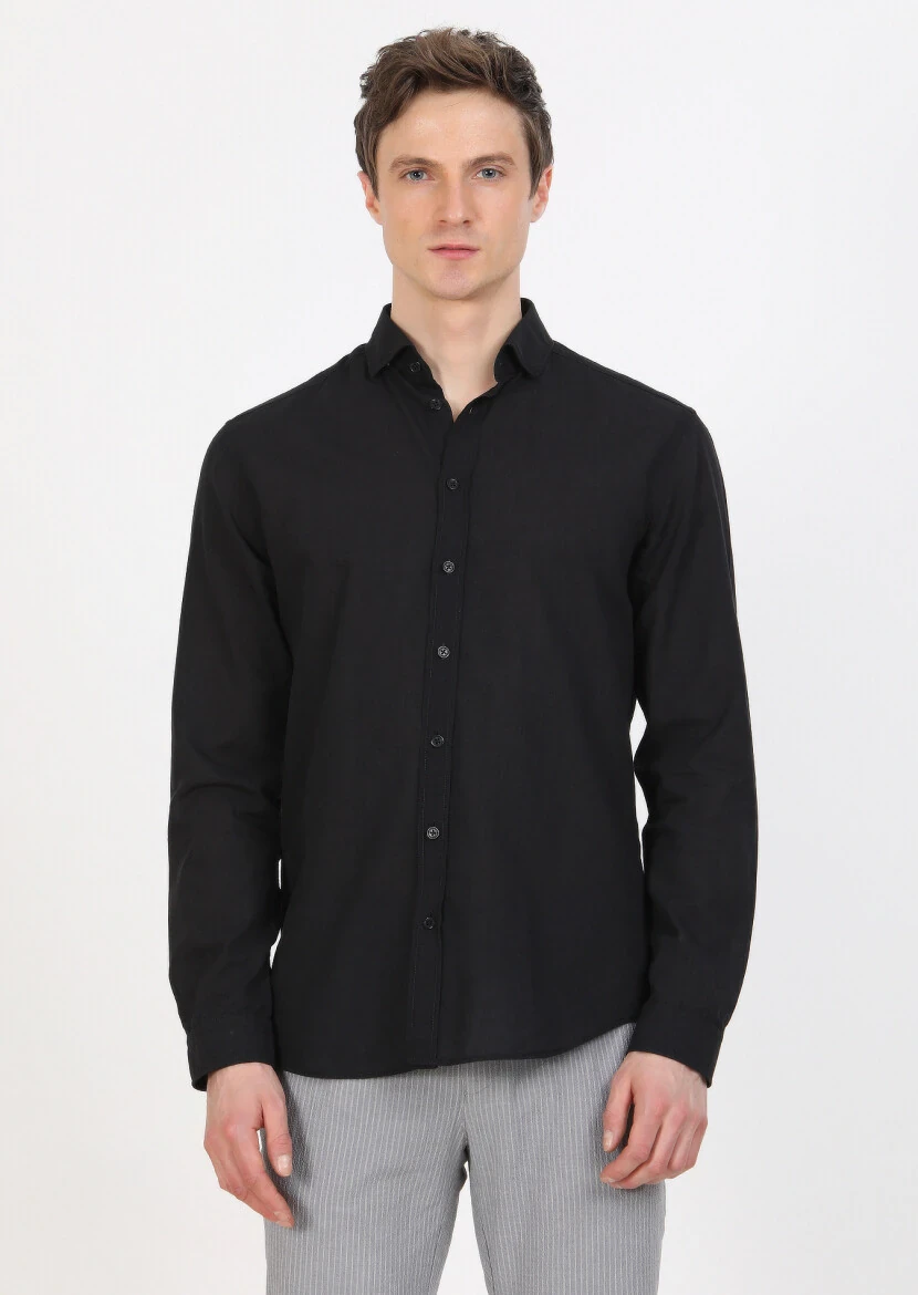 Black Plain Regular Fit Weaving Casual 100% Cotton Shirt 