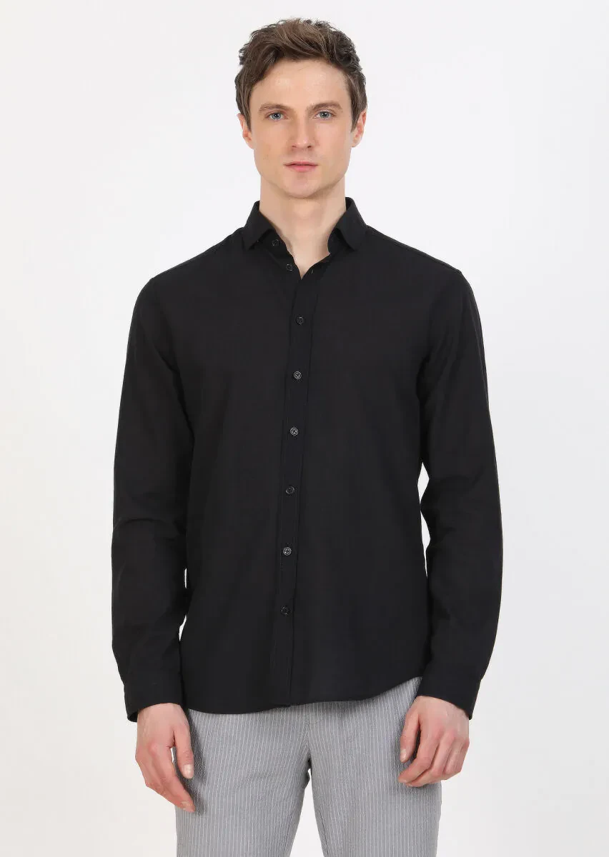 Black Plain Regular Fit Weaving Casual 100% Cotton Shirt - 2