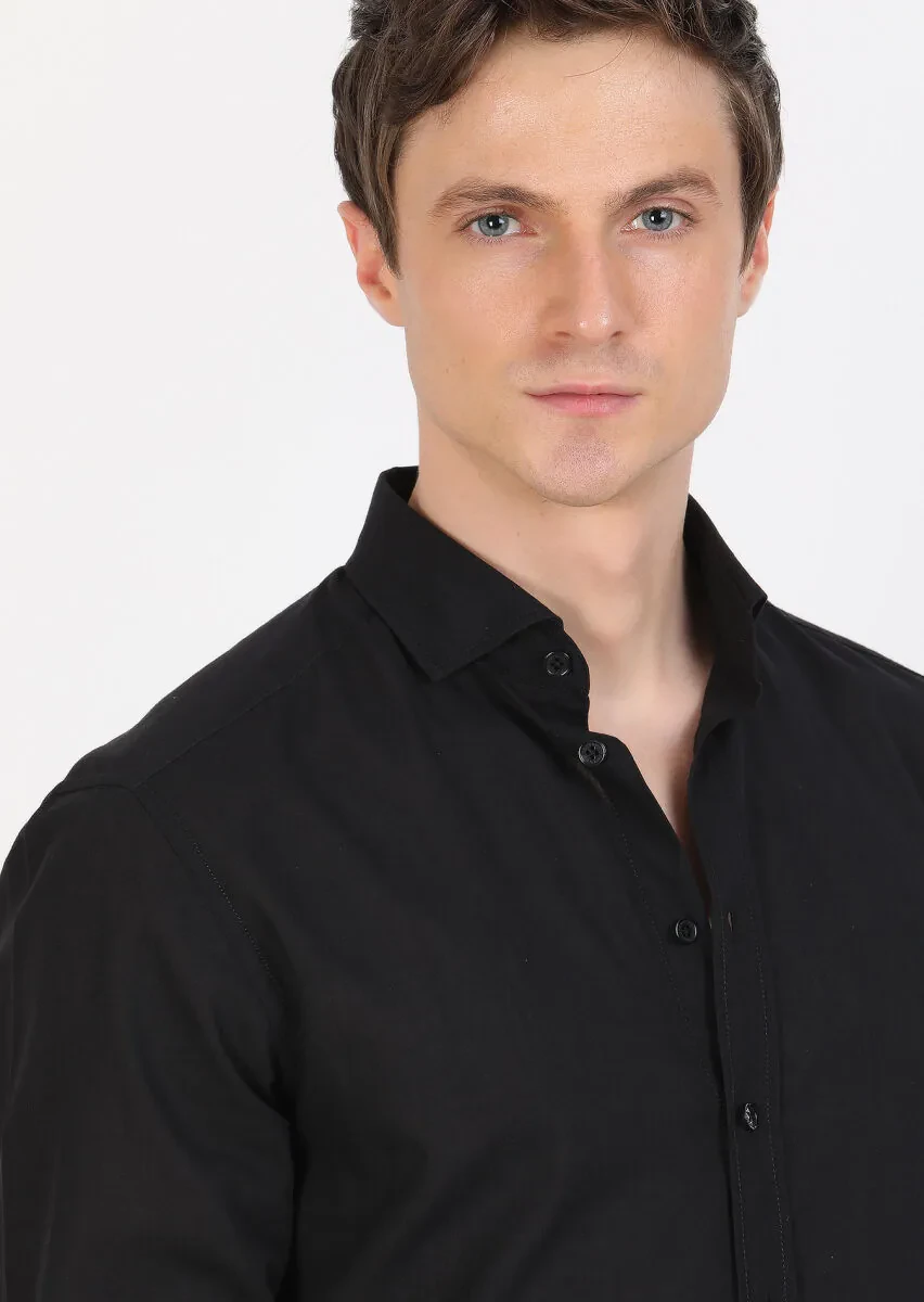 Black Plain Regular Fit Weaving Casual 100% Cotton Shirt - 3