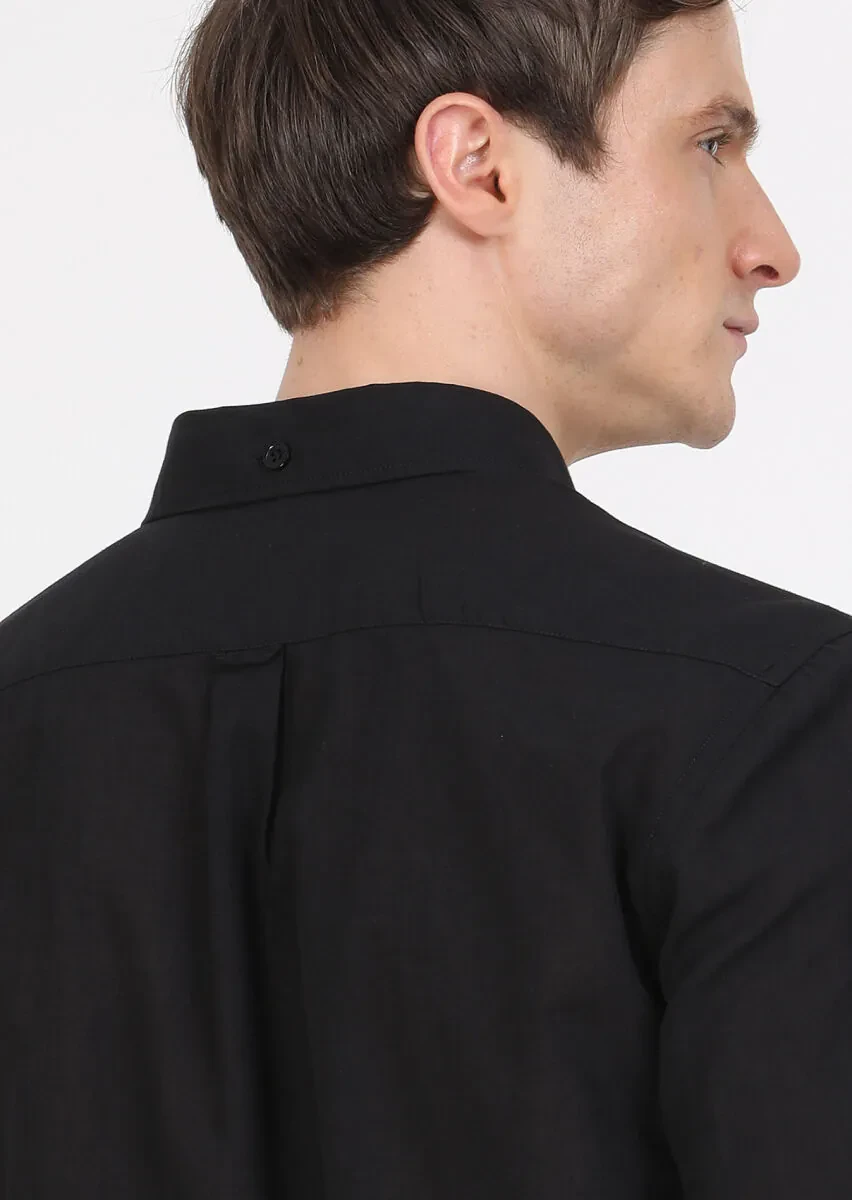 Black Plain Regular Fit Weaving Casual 100% Cotton Shirt - 4