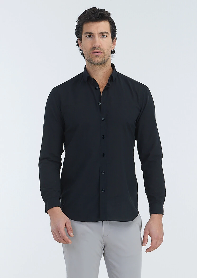 Black Plain Regular Fit Weaving Casual 100% Cotton Shirt - 2