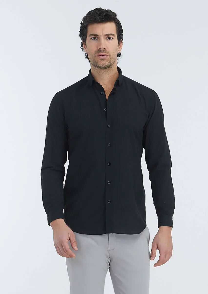 Black Plain Regular Fit Weaving Casual 100% Cotton Shirt - 2