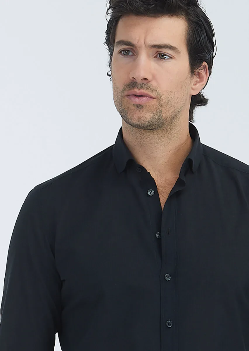 Black Plain Regular Fit Weaving Casual 100% Cotton Shirt - 4