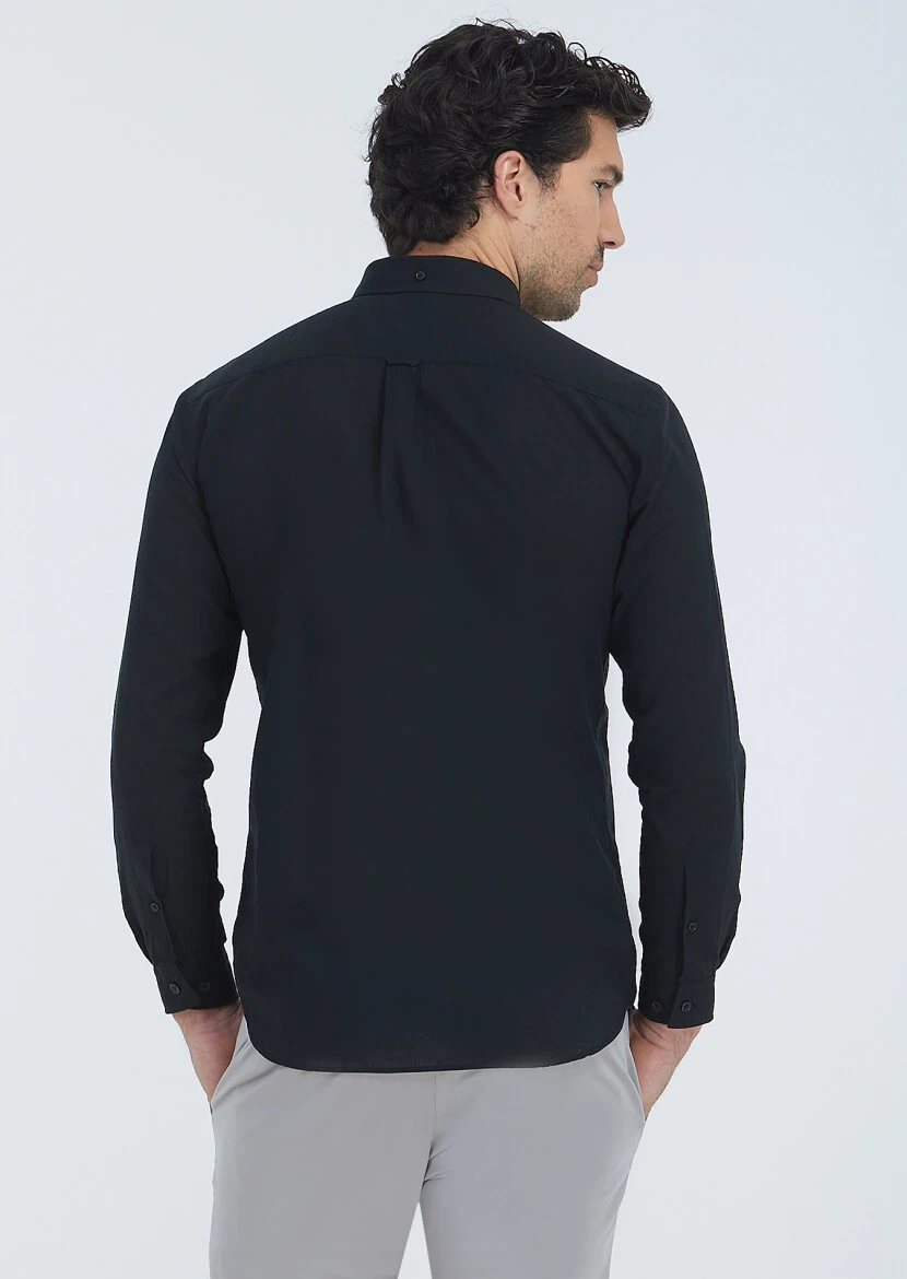 Black Plain Regular Fit Weaving Casual 100% Cotton Shirt - 5