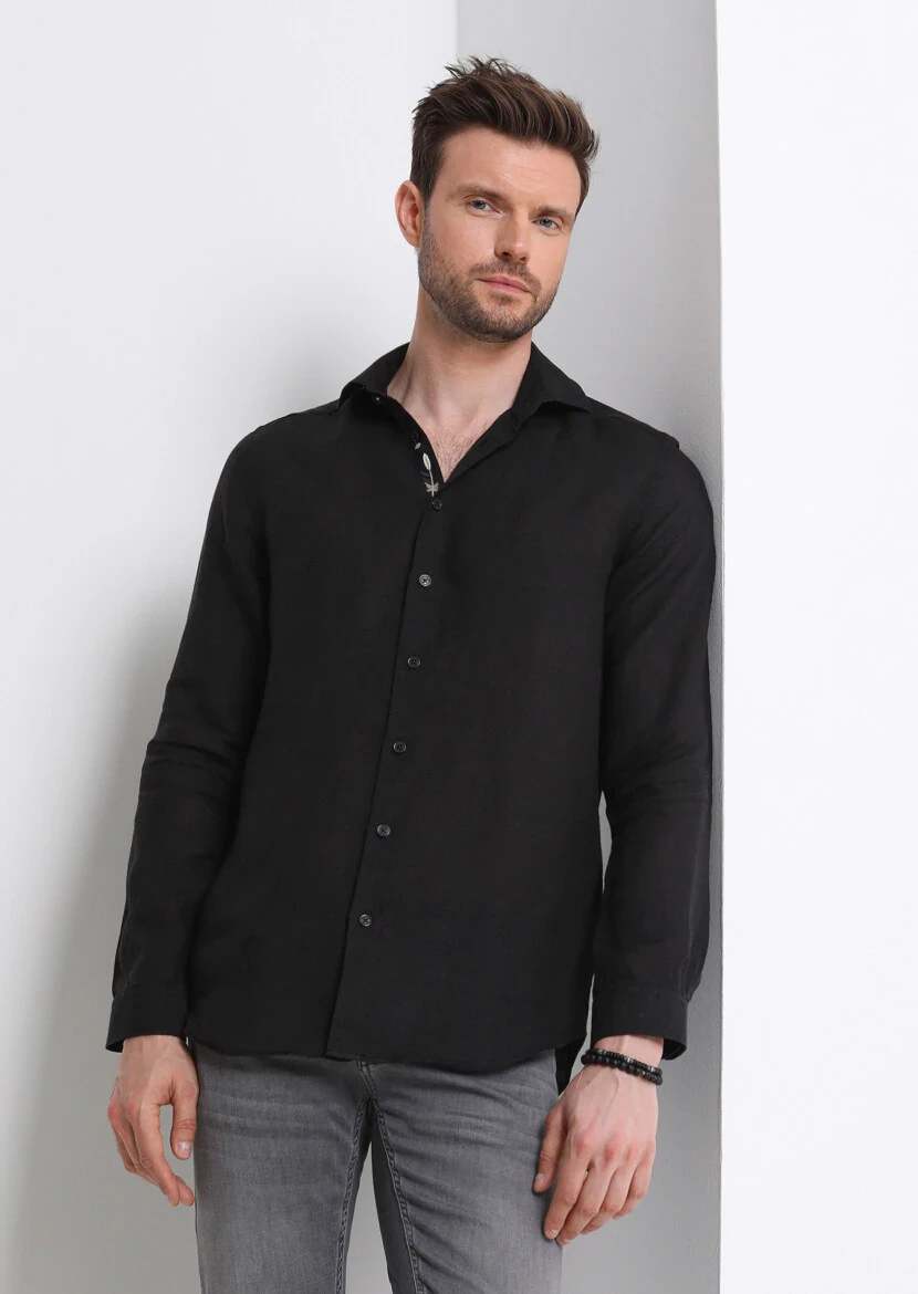 Black Plain Regular Fit Weaving Casual 100% Linen Shirt - 1