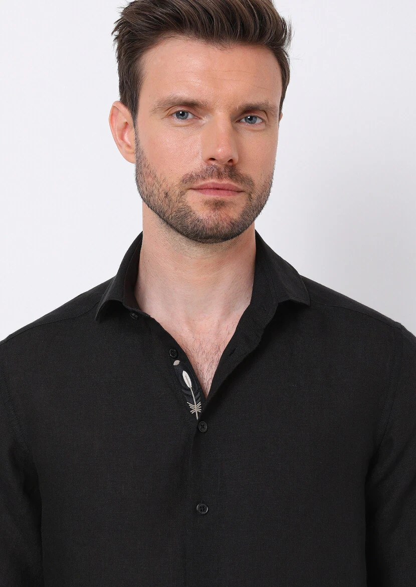 Black Plain Regular Fit Weaving Casual 100% Linen Shirt 