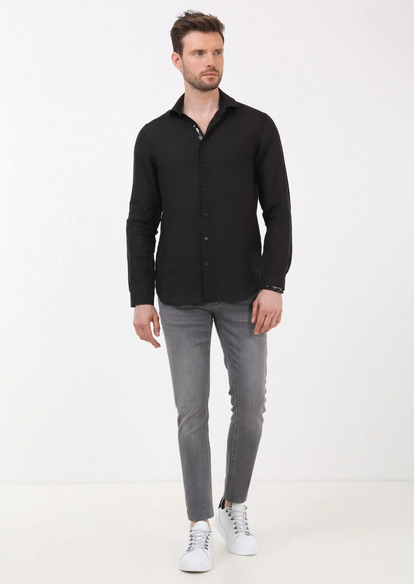 Black Plain Regular Fit Weaving Casual 100% Linen Shirt - 3