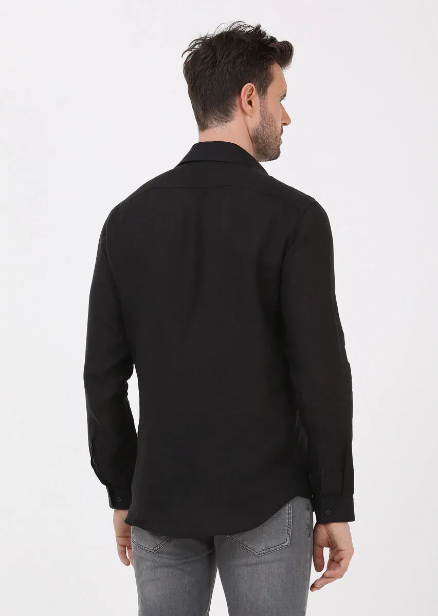 Black Plain Regular Fit Weaving Casual 100% Linen Shirt - 5