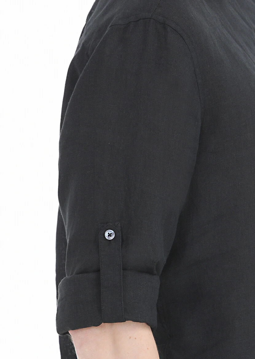 Black Plain Regular Fit Weaving Casual 100% Linen Shirt - 4