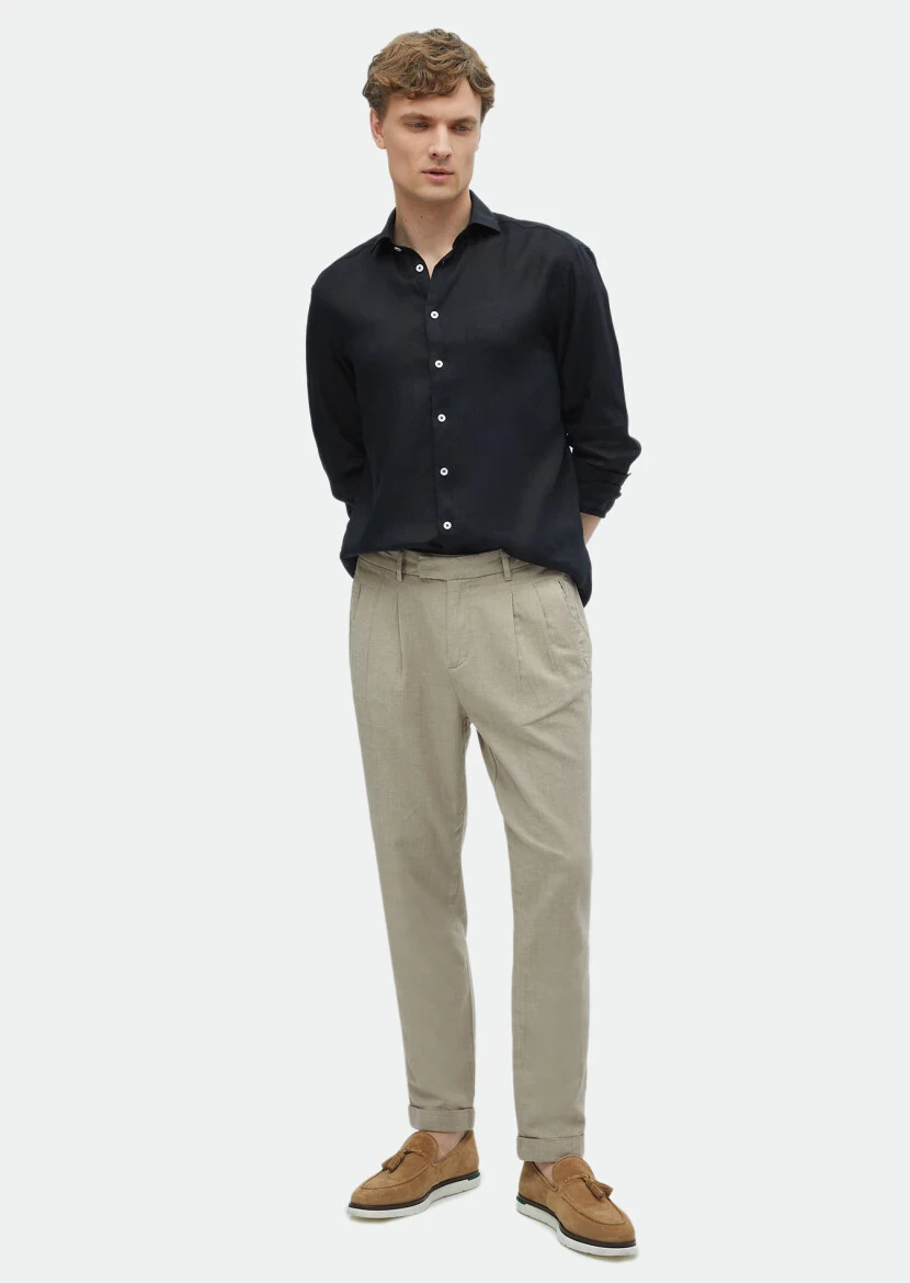 Black Plain Regular Fit Weaving Casual 100% Linen Shirt 