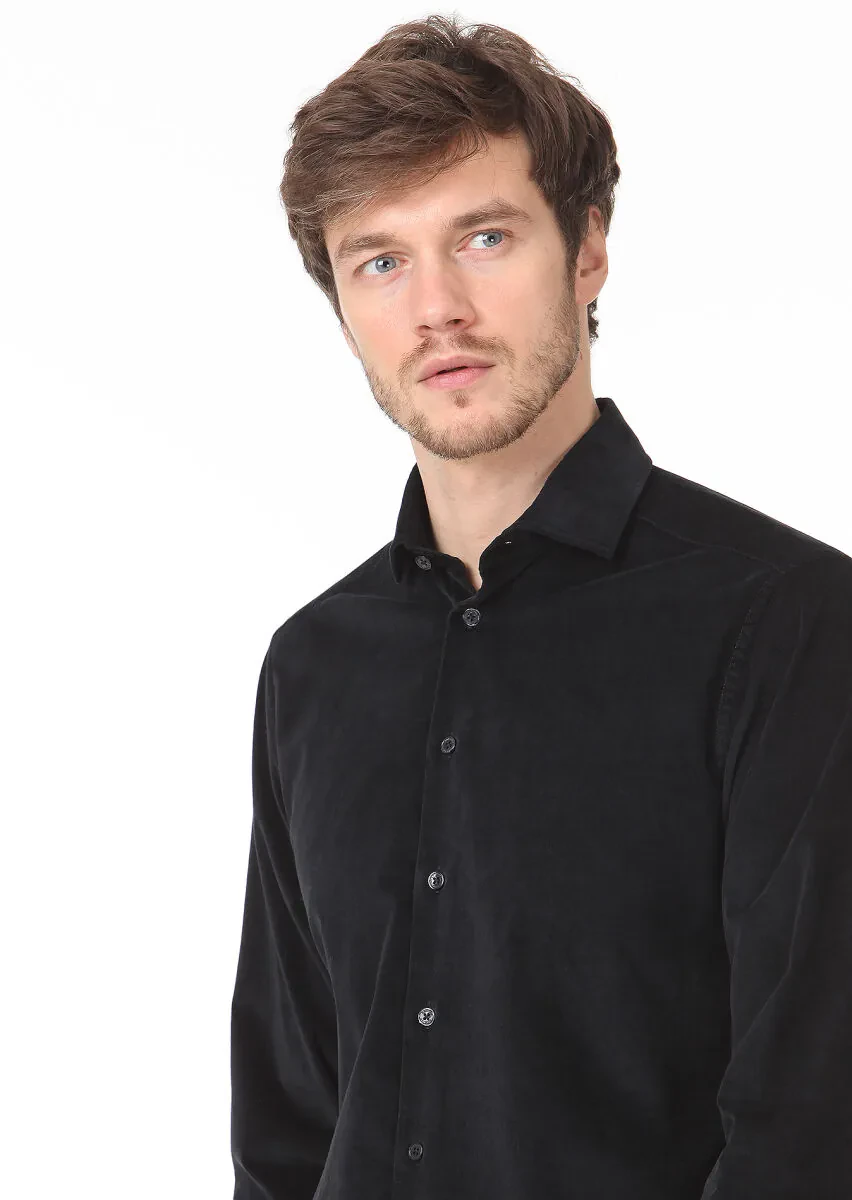 Black Plain Regular Fit Weaving Casual Cotton Blended Shirt - 2