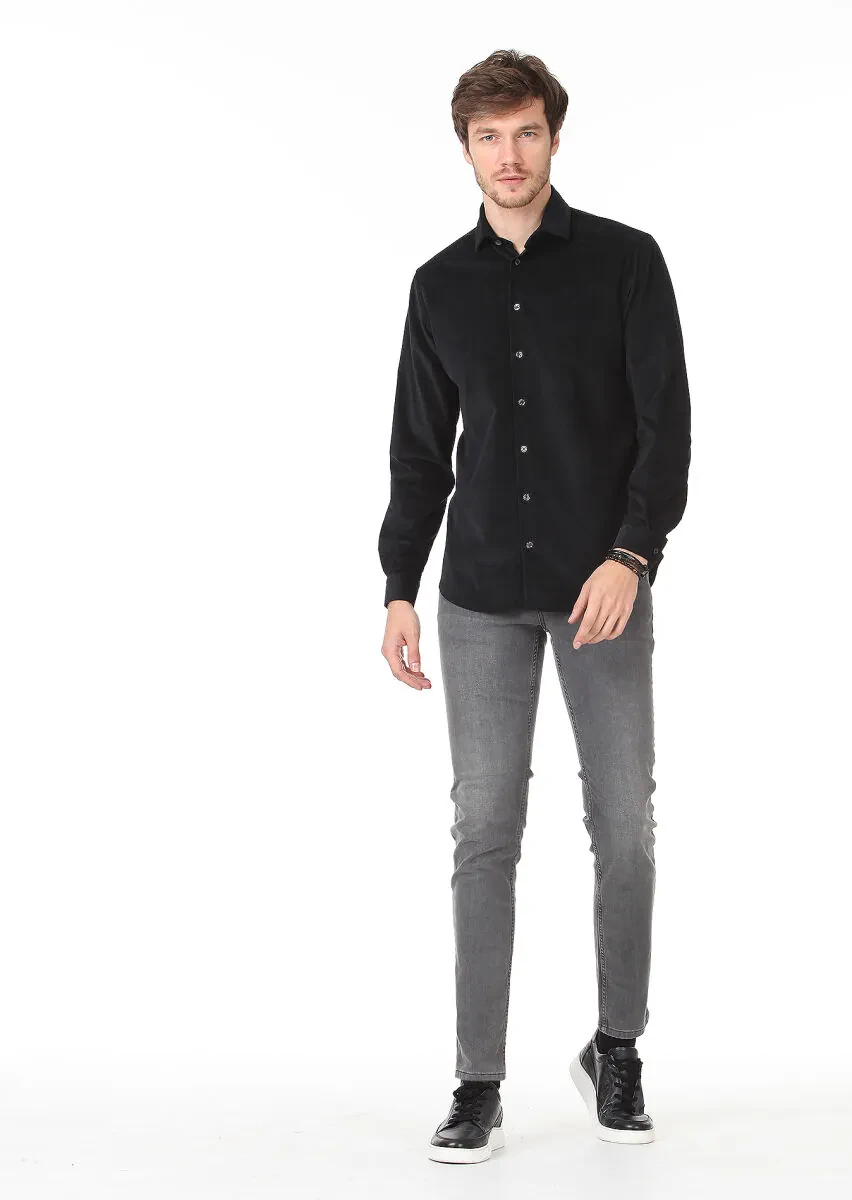 Black Plain Regular Fit Weaving Casual Cotton Blended Shirt - 3