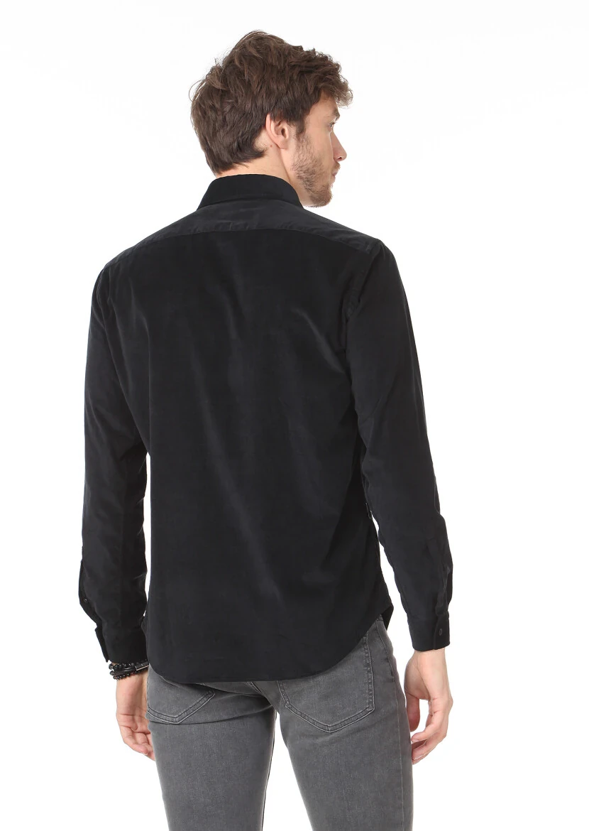 Black Plain Regular Fit Weaving Casual Cotton Blended Shirt - 4