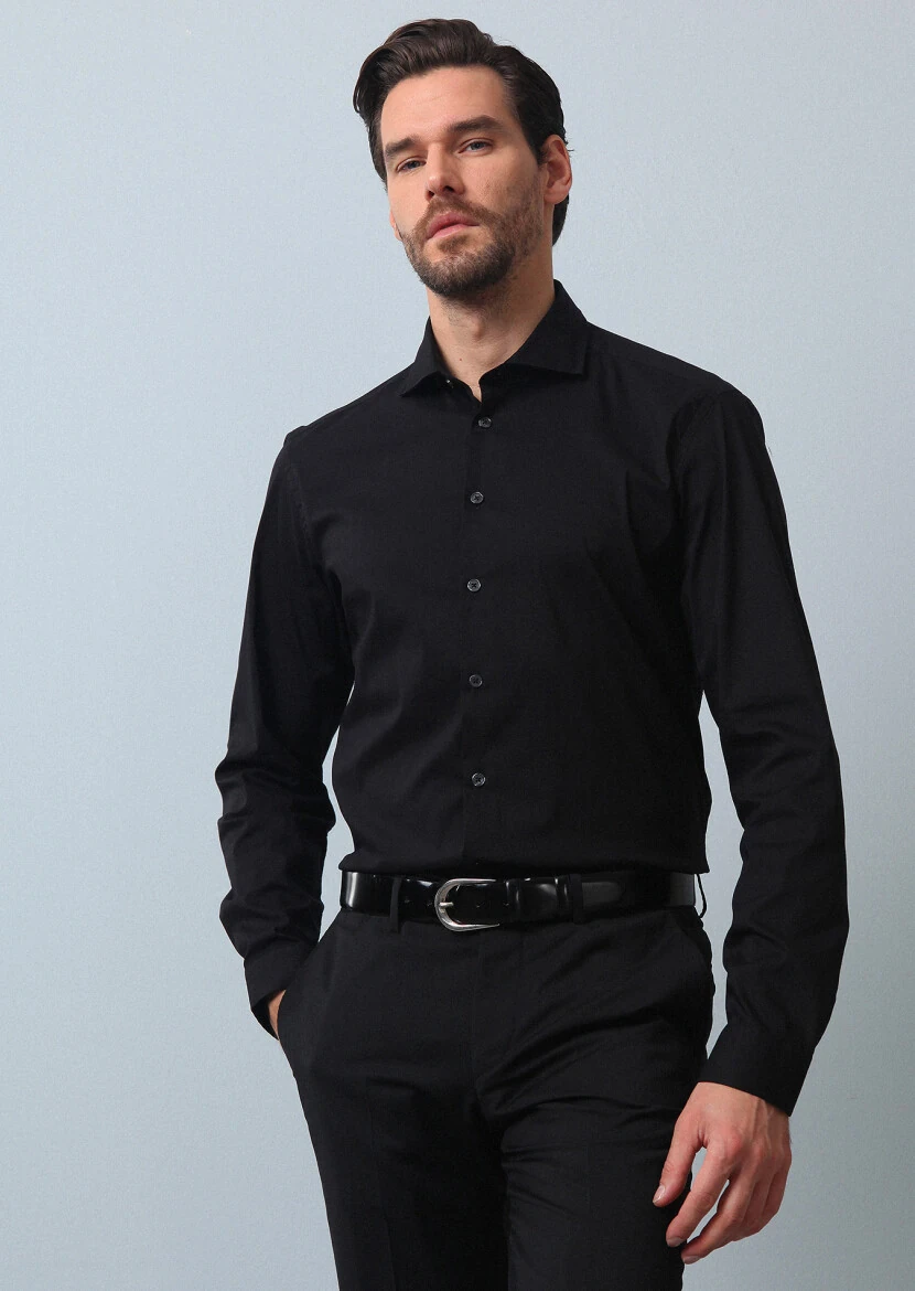 Black Plain Regular Fit Weaving Casual Cotton Blended Shirt - 3