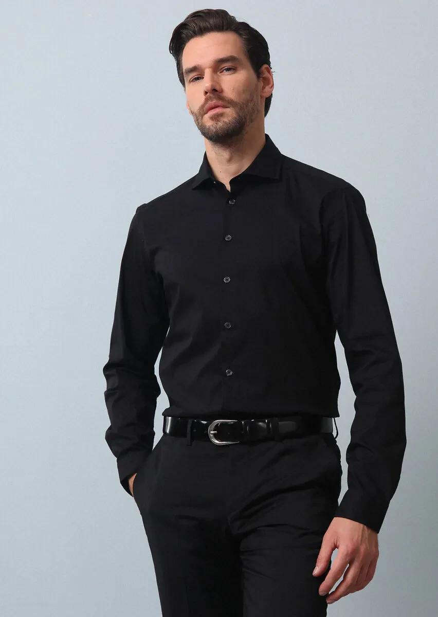 Black Plain Regular Fit Weaving Casual Cotton Blended Shirt - 3