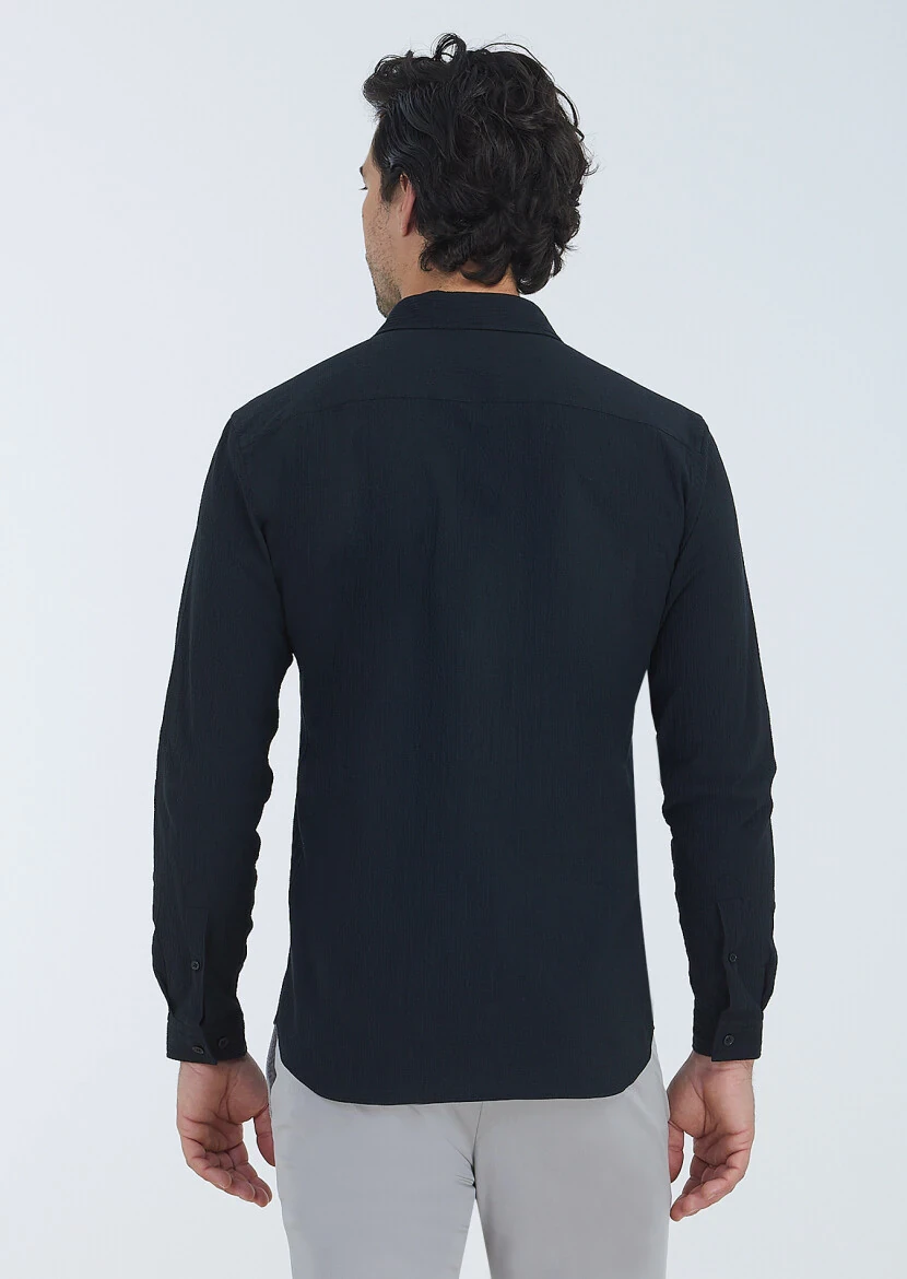 Black Plain Regular Fit Weaving Casual Cotton Blended Shirt - 5