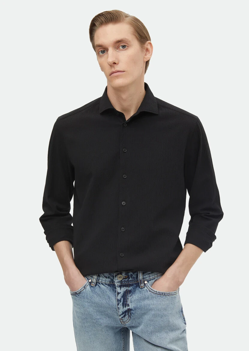 Black Plain Regular Fit Weaving Casual Cotton Blended Shirt - RAMSEY